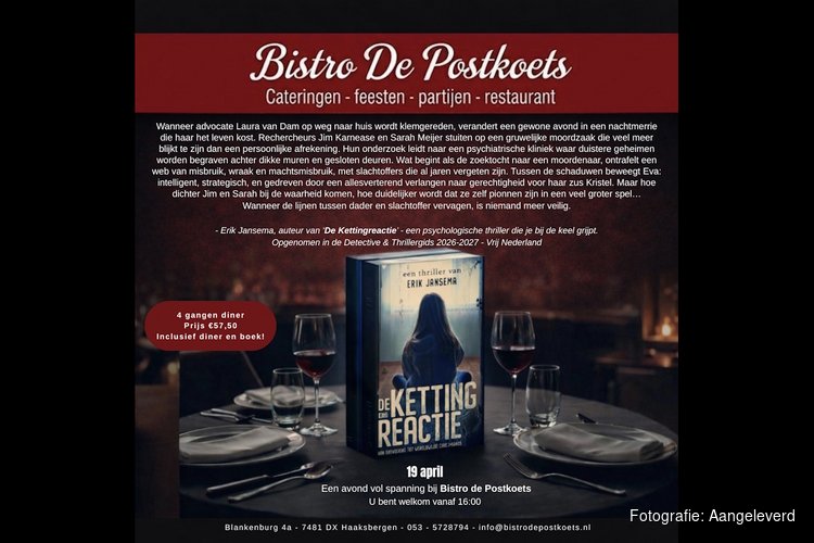 Thrilleravond bij Bistro De Postkoets m.b.t. het boek "De Kettingreactie"
